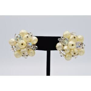 Laguna Vintage Clip Earrings Pearl Ab Crystal Cluster Chunky Signed 1980s Bin8